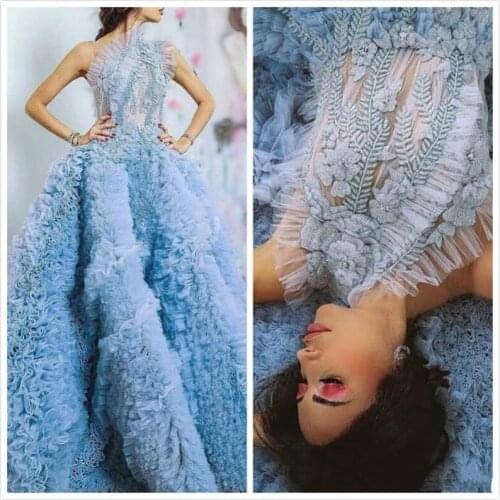 Arabic Luxurious Sexy Evening Dresses 3D Floral Appliques Beaded Prom Dresses Tiers Formal Party Bridesmaid Pageant Gowns 2021