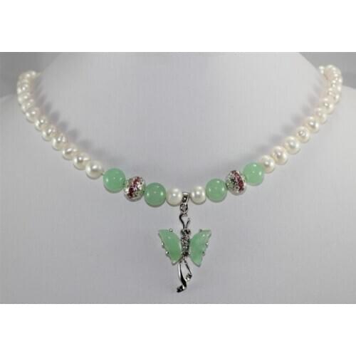 Free Shipping Wholesales -Jewelry Noblest white pearl &jade green butterfly pendant necklace good