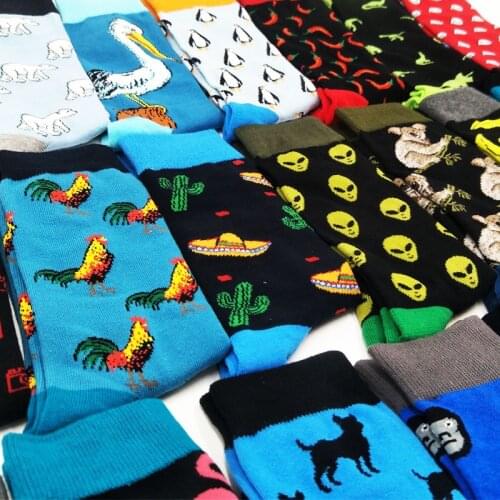 Mens combed cotton socks poker rocket hot air balloon car camera goldfish pattern mens socks large size happy crew crazy socks