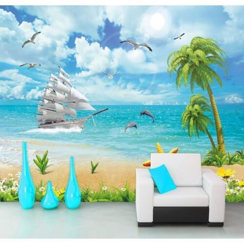 Dropship Colomac Kids Wallpaper Smooth Sailing Dolphins Coconut Tree Landscape Mural 3d Wallpaper Bedroom Living Room Tapety 3d