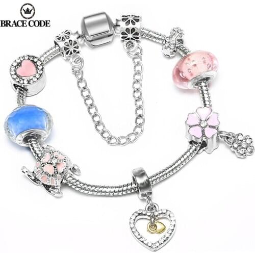 Dropshipping Vintage Silver Color Charms Bracelets For Women DIY Crystal Beads Fine Bangles Female Bracelet Jewelry Gifts