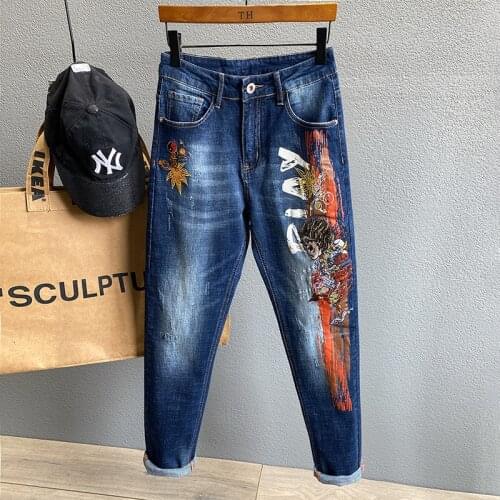 Spring Autumn 2021 New Chinese Style Monkey Embroidered Hip Hop Jeans Micro Stretch High Quality Fashion Male Pants
