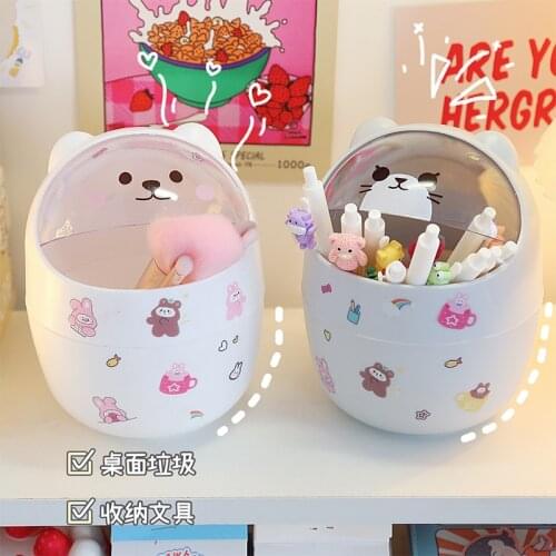 Ins Desktop with Lid Trash Can Mini Kawaii Cute Bear Trash Bin Storage Box Girl Pen Holder Storage Bucket with Flip Top