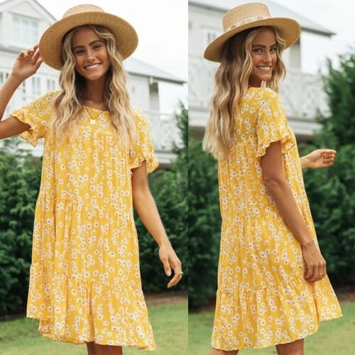 Summer Floral Dress Women Short-sleeve O-Neck Print Ruffle Mini Dress Female Loose Casual Dresses 2021 Ladies New Yellow Clothes