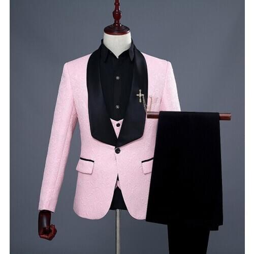 Mens Groom Wedding Dress Suit Jacquard Formal Slim Fit Blazer Vest Pants 3 Piece Set Office Party Suits Stage Show Costume Homme