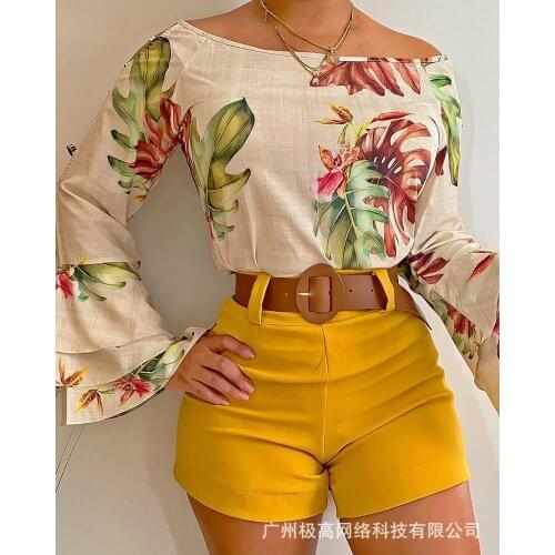 2021 New Summer Cross-border Independent Station Printed Casual Top Shorts Set-No Belt