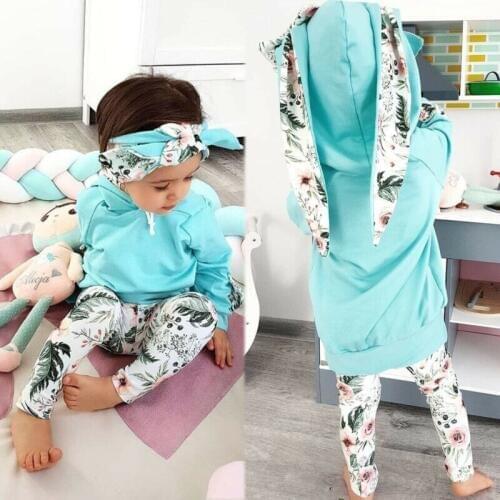 0-3T 3PCS Toddler Kids Baby Girls Clothes Rabbit Ear Hoodies Longs Sleeve Tops+ Long Pants Legging Cotton+Headband Outfits Set