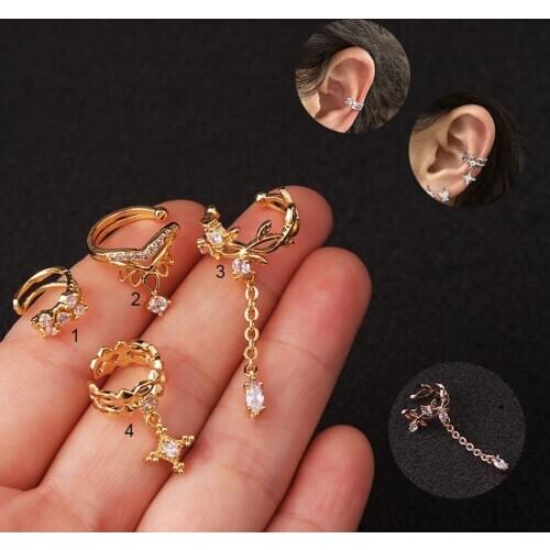1PCS Gold Ear Cuff Zircons Earrings for Women Fake Piercing Helix Cartilage Tragus Ring Ear Cuff Non-Piercing Ear Clips Earrings
