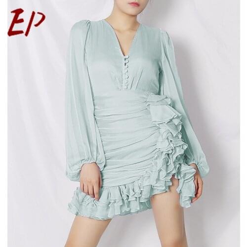 EP Elegant Asymmteircal Dress Women V Neck Lantern Long Sleeve High Waist Patchwork Ruched Ruffles Dresses Female Tide
