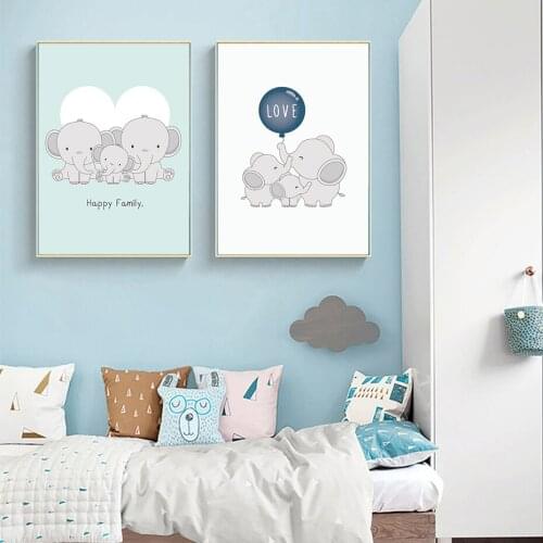 Happy Elephant Family Animal Nursery Decor Baby Wall Art Canvas Painting Poster Print Pictures Gift Bedroom Home Decorations