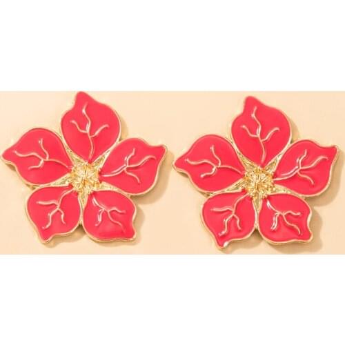 HuangTang Boho Red Color Flower Stud Earrings for Women Girls Statement Dripping Oil Floral Earrings Jewelry Beach Accessories