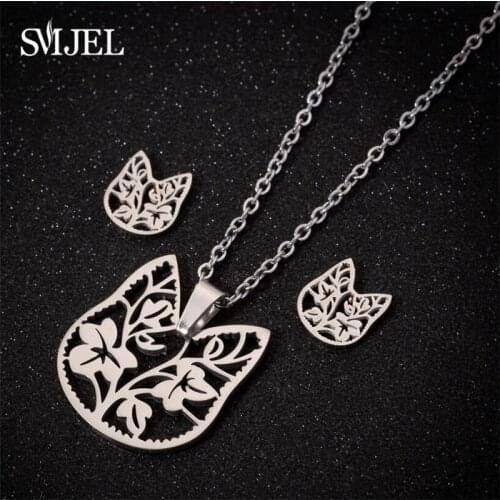 SMJEL bijoux Stainless Steel Jewelry Sets Gold Cartoon Design Cat Necklaces Earrings for Women Tiny Cat Studs New Year Gifts