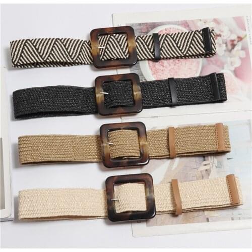 Straw Casual Ultra Wide Belt Decoration Dress Shirt Waist Seal Female Woven Vintage Carved Wood Buckle Fashion Elastic Belt New