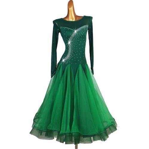 Modern Dance Costumes Ballroom Dance Long Sleeve Shiny Rhinestones Lace Big Swing Dress Waltz/Tango/Foxtrot Dancewear DQL3959