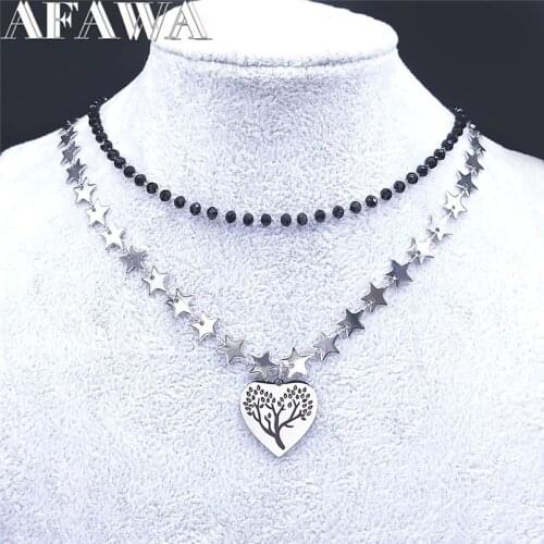Heart Tree of Life Stainless Steel Crystal Beads Black Silver Color Layered Chain Necklace Women Jewelry bijou femme NXS02