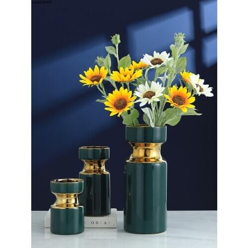 Modern Ceramic Green Gold Rim Vase Luxury Golden Flower Arrangement Container Living Room Table Ornaments Vase Home Deco Wedding
