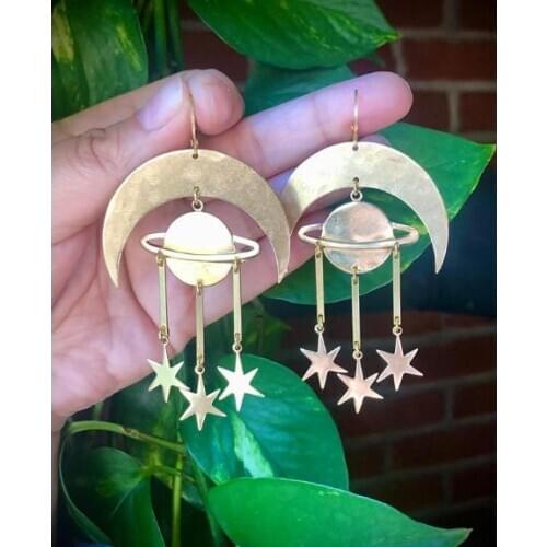 Celestial Jewellery,Gold Plated Crescent Moon and Stars Earrings,Space Earrings,Moon and Stars Charm,Graduation Gift for Her