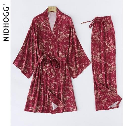 2021 Spring/Autumn Pyjamas Women Satin Red Leaf Dressing V-Neck Viscose Pajamas Long Sleeves Trousers 2 Piece Home Robe Sets