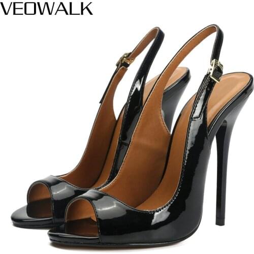 Veowalk 13cm High Heel Women Patent Leather Peep Toe Slingback Sandals Sexy Drag Queen Crossdressing Stiletto Pumps Size 37-48
