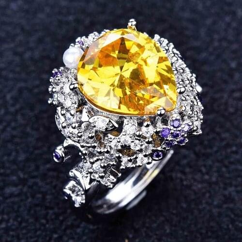 Luxury Princess Yellow Crystal Citrine Emerald Gemstones Diamonds Rings for Women 18k White Gold Silver Color Jewelry Bijoux New