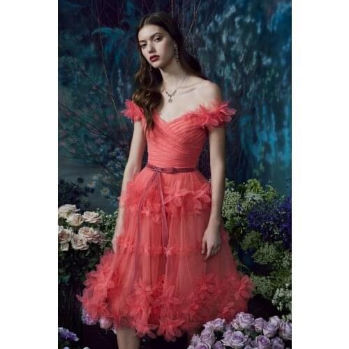 High Street Coral Red Floral A-line Mid Calf Tulle Women Dresses Summer 2020 Off The Shoulder Prom Gowns