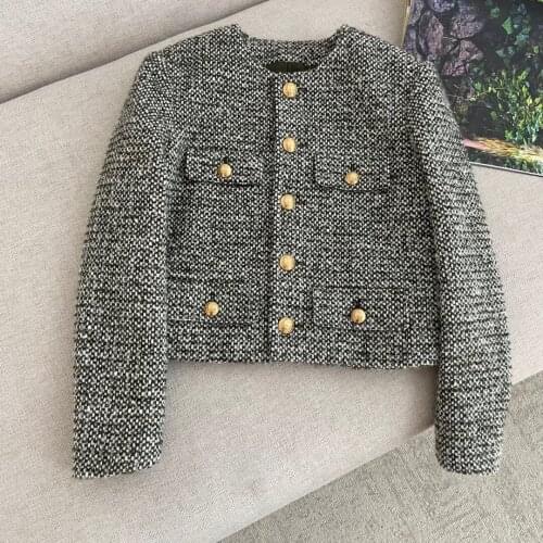 Korean Fashion Double Breasted Gray Wool Coat Female 2021 Casual O-neck Long Sleeve Short Winter Jacket Women Streetwear