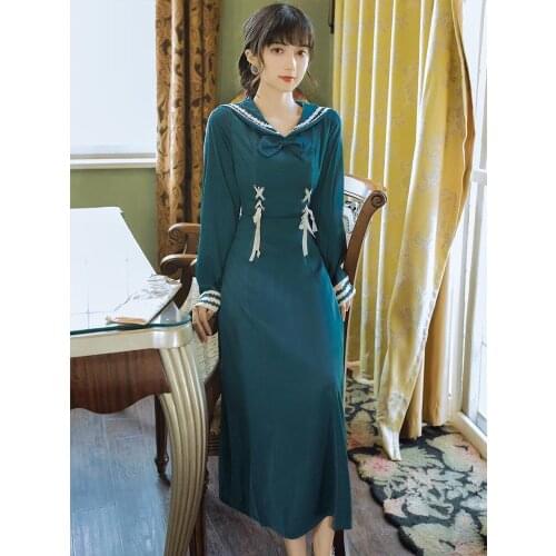 The New Summer Womens Dress Retro Naval Academy Girl Style Tie With Slim Temperament Long Dress Bow Long Sleeve Slim Dress