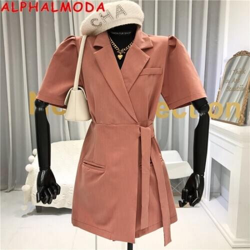 ALPHALMODA 2020 New Womens Suit Dress Puff Sleeve Binding Sashes Ladies Vintage French Lace Suit Dress Shirt Dress