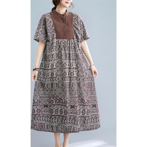 Patchwork Print Vintage Dress 2021 New Arrival Cotton Linen Loose Summer Dress Stand Collar Women Travel Casual Long Dress