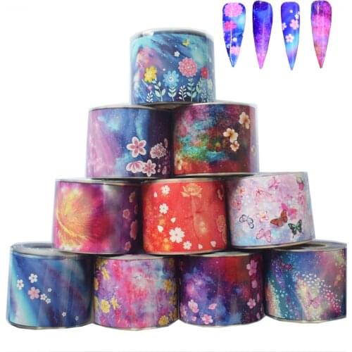 10Rolls Gradient Starry Sky Nail Foil Sets Flower Butterfly 50M*4CM Holographic Adhesive Transfer Foils for Nails Wraps Decals