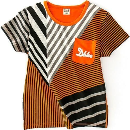 BBD Kids T-Shirt Boys Summer Orange Round Neck Short Sleeve Stripes Fashion Active Streetwear Tops Children 5 6 7 8Years Clothes