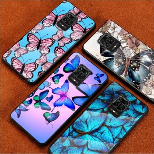 Tempered Glass Cover Pink Butterfly Fly For Xiaomi Redmi Note 10 10S 9T 9S 9 8T 8 7 Pro Max Shockproof Shell Phone Case
