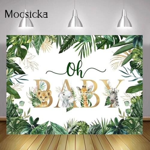 Jungle Oh Baby Birthday Backdrop Wild Newborn Animals Baby Shower Background Green Leaves Kids Safari Party Decorations Props