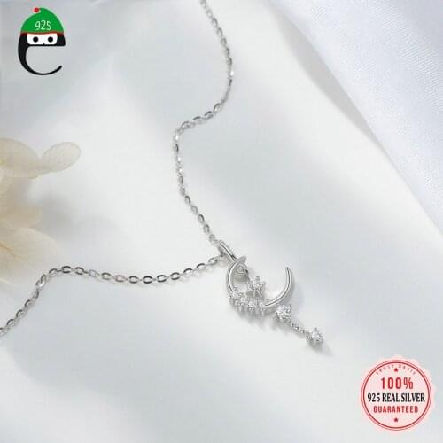 ElfoPlataSi genuine 925 Sterling Silver Fashion Sweet Moon Star CZ Choker Necklace For Fashion Women Wedding Fine Jewelry DD606