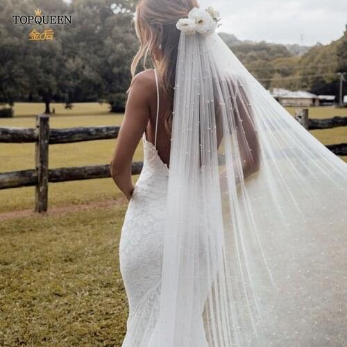 TOPQUEEN V09 Pearl Wedding Veil Tulle Wedding Veils Bridal Long Luxury Women Cathedral Wedding Veil Long Bridal Swiss Yarn