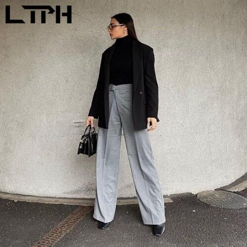 LTPH vintage gray women suit pants high waist asymmetric trousers straight loose casual all-match Female Pant 2021 summer new