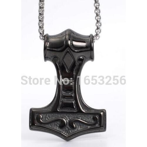 Black Plated 316L Stainless Steel Biker Thor Hammer Pendant Ball chain Necklace Mens Gothic Jewelry