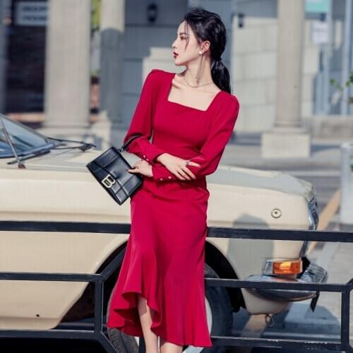 LLZACOOSH 2021 New Spring Korea Chic Square Collar Long Sleeve Solid Slim Mermaid Office Sheath Midi Dresses Vestido