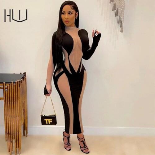 Dresses for Women 2021 High Waist Contrast Gauze Long-sleeved Slim Long Dress See Through Sexy Party Club Outfits Fall Vestidos