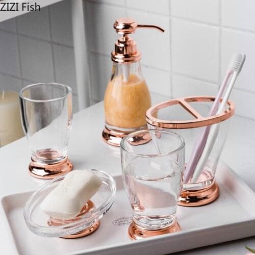 Nordic Luxury Glass Metal Bathroom Set Wash KitFive-piece Bathroom Supplies Mouth Cup Set Home Hotel Bathroom Accessories