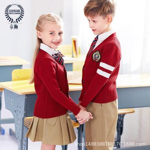 Childrens School Uniform Kids Sweater Shirt Skirt Kindergarten Uniforms Kids Cotton Cardigan Vest V Collar Suit 4pcs D-0624