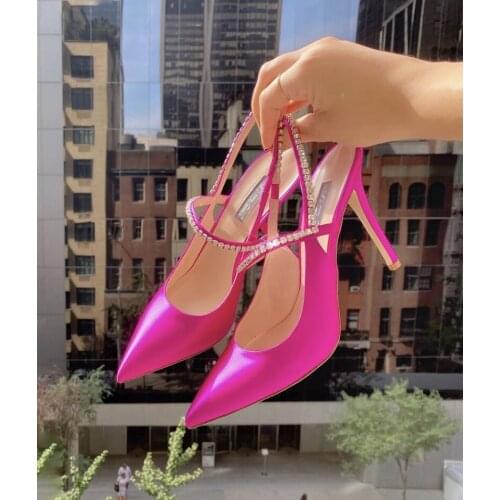 Sexy lady fashion womens shoes pink satin crystal strass pointy toe stiletto stripper High heels party pump 12cm large size 44