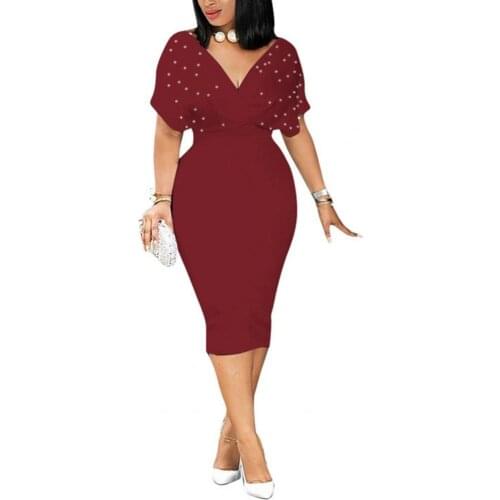Womens Dresses elegant Bodycon Dresses Loose Bat Short Sleeve Pearl Dress Sexy Deep V Neck Elegant Dress Plus Size Summer 2021
