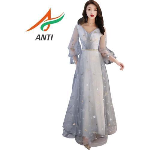 ANTI Hot Sale 2019 Silver Long Evening Dresses Sexy V Neck Long Sleeve Tulle A Line Elegant Formal Party Gowns Vestido de Festa