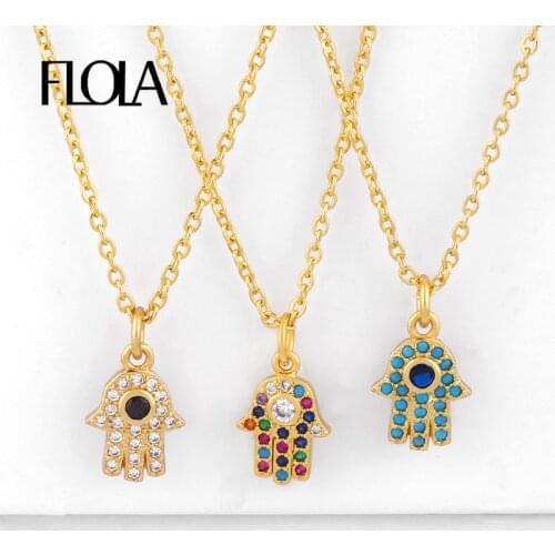 FLOLA CZ Gold Filled Fatima Hand Necklaces For Women With Crystal Hamsa Necklaces Rainbow Jewelry mano de fatima colgant nkeq31