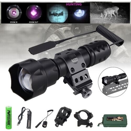 200 Yards T20 IR Flashlight 940nm Night Vision Zoomable Torch Outdoor LED Tactical Hunting Torch+18650+Charger+Mount+Switch+Box