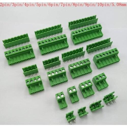5.08mm pitch bent pin socket plug-in terminal block straight pair complete set of 2p to 22pins male female PCB connector green