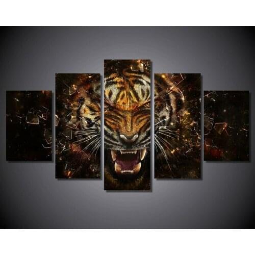 5 Pcs Tiger Breaking Glass Canvas Pictures Print Wall Art Canvas Paintings Wall Decorations for Living Room Unframe