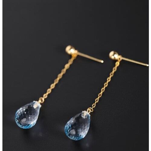 DAIMI Sky Blue Topaz Earline Female Genuine Yellow 18K Gold Earrings DIY Gift For Girlfriend