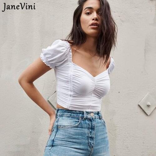 JaneVini 2021 Black White Tank Top Fashion Short Sleeve Shirring Tee Shirt Femme Women Summer T Shirts Crop Tops Sexys Mujer